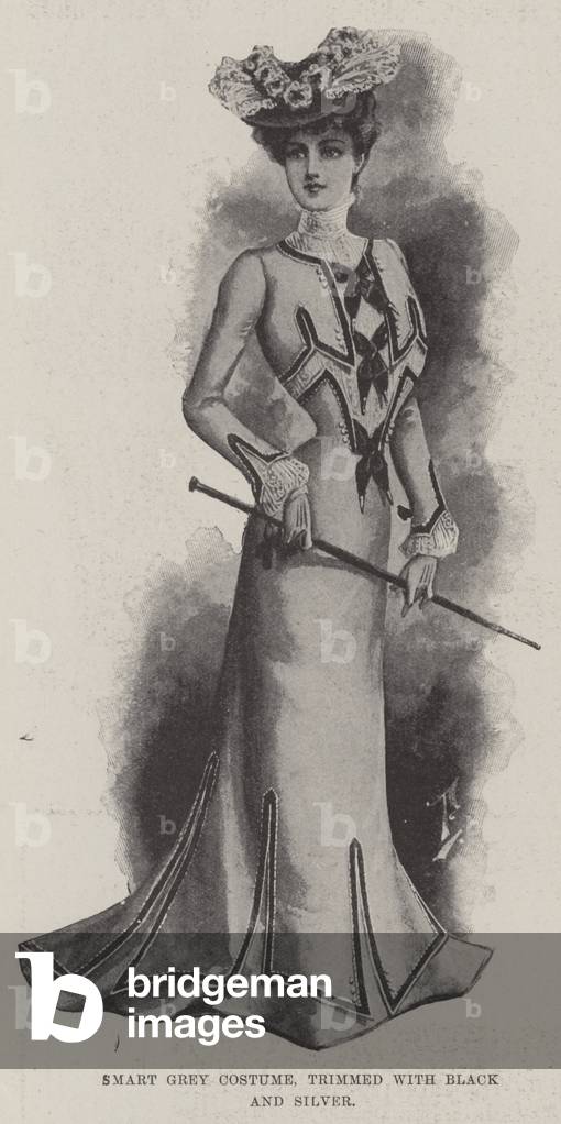 Smart Grey Costume, trimmed with Black and Silver (litho)
