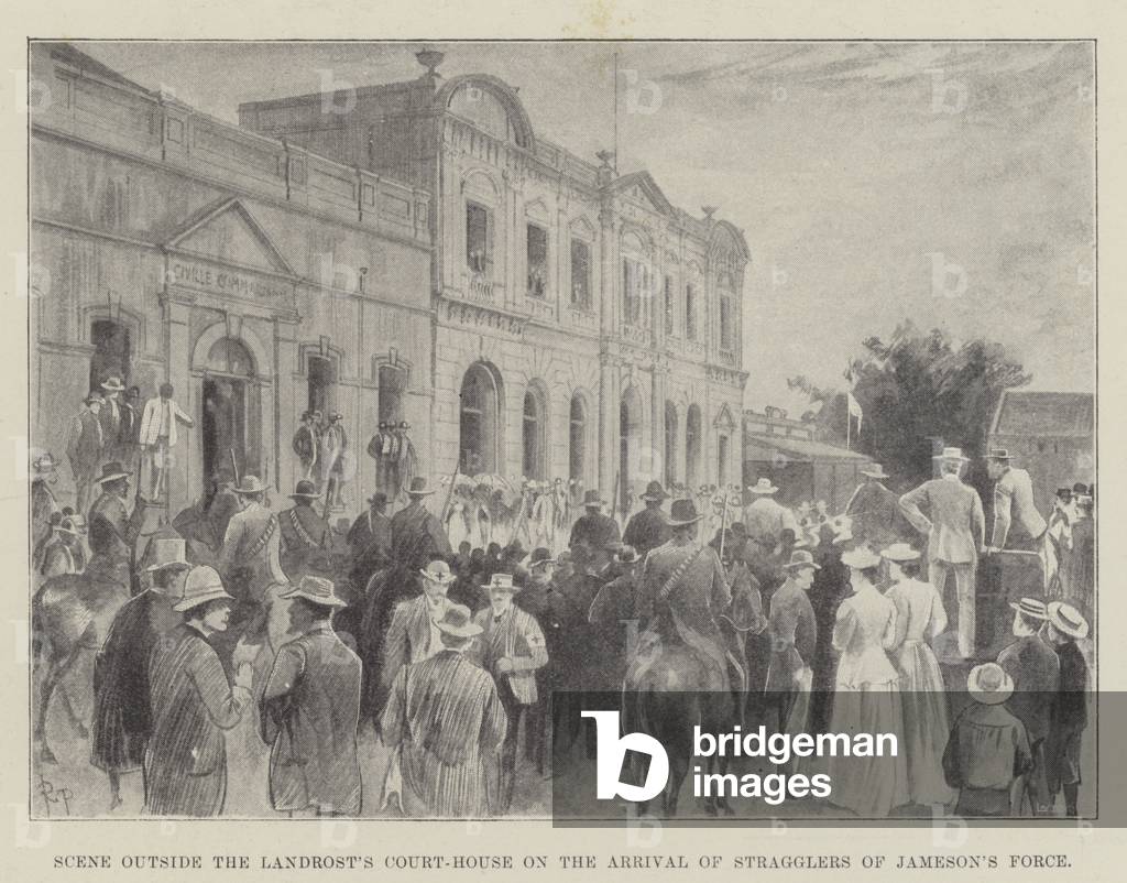 Scene outside the Landrost's Court-House on the Arrival of Stragglers of Jameson's Force (litho)