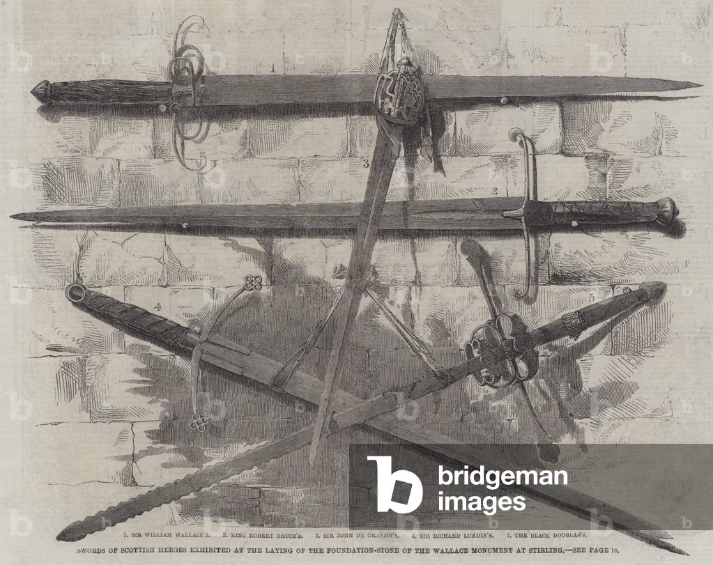 Swords of Scottish Heroes exhibited at the Laying of the Foundation-Stone of the Wallace Monument at Stirling (engraving)