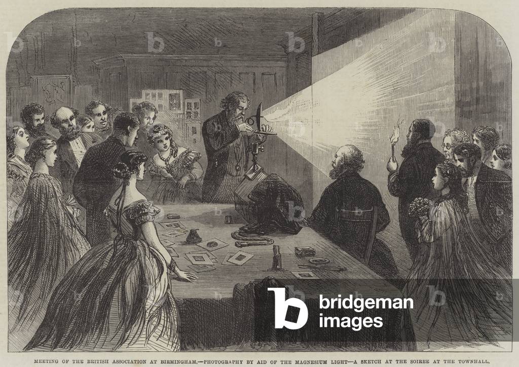 Meeting of the British Association at Birmingham, Photography by Aid of the Magnesium Light, a Sketch at the Soiree at the Townhall (engraving)