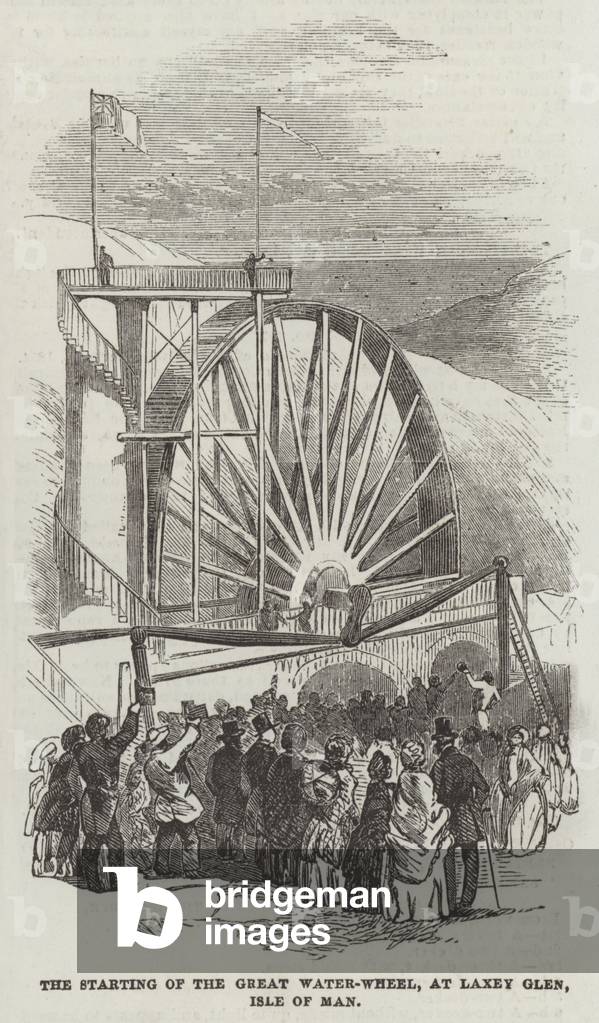 The Starting of the Great Water-Wheel, at Laxey Glen, Isle of Man (engraving)