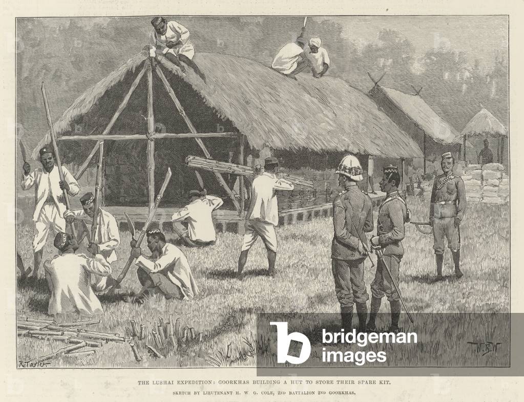 The Lushai Expedition, Goorkhas building a Hut to store their Spare Kit (engraving)