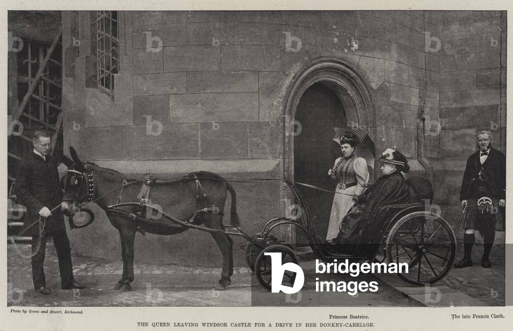 The Queen leaving Windsor Castle for a Drive in her Donkey-Carriage (engraving)