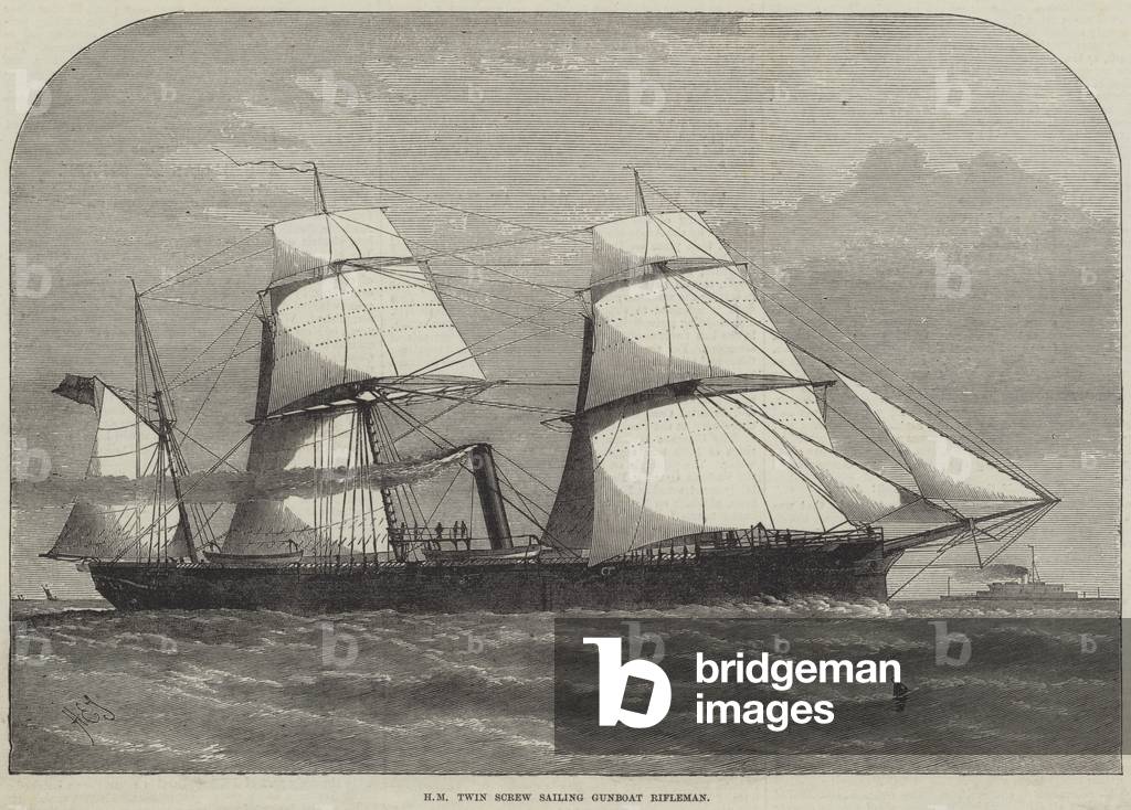 HM Twin Screw Sailing Gunboat Rifleman (engraving)