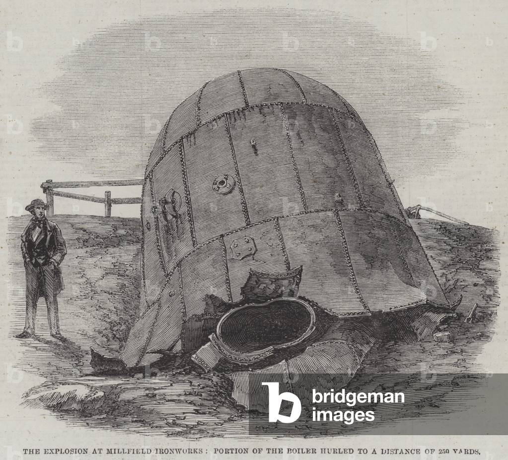 The Explosion at Millfield Ironworks, Portion of the Boiler hurled to a Distance of 250 Yards (engraving)