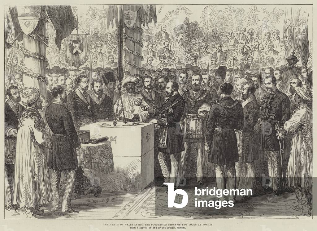 The Prince of Wales laying the Foundation Stone of New Docks at Bombay (engraving)