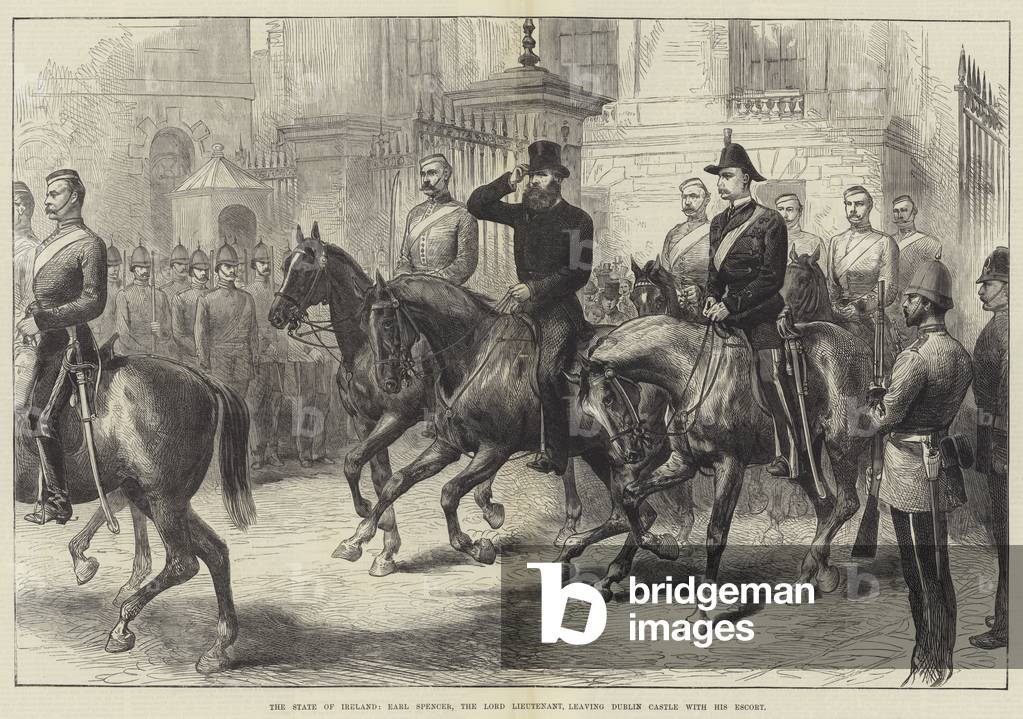 The State of Ireland, Earl Spencer, the Lord Lieutenant, leaving Dublin Castle with his Escort (engraving)
