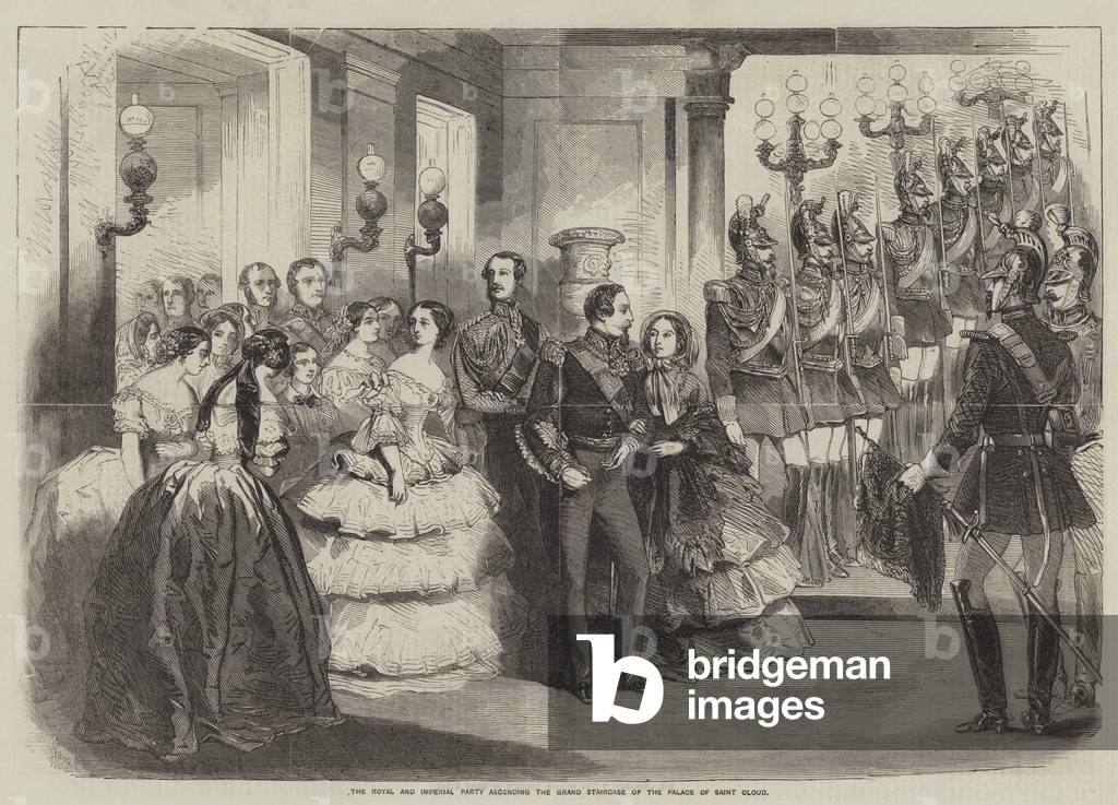 The Royal and Imperial Party ascending the Grand Staircase of the Palace of Saint Cloud (engraving)