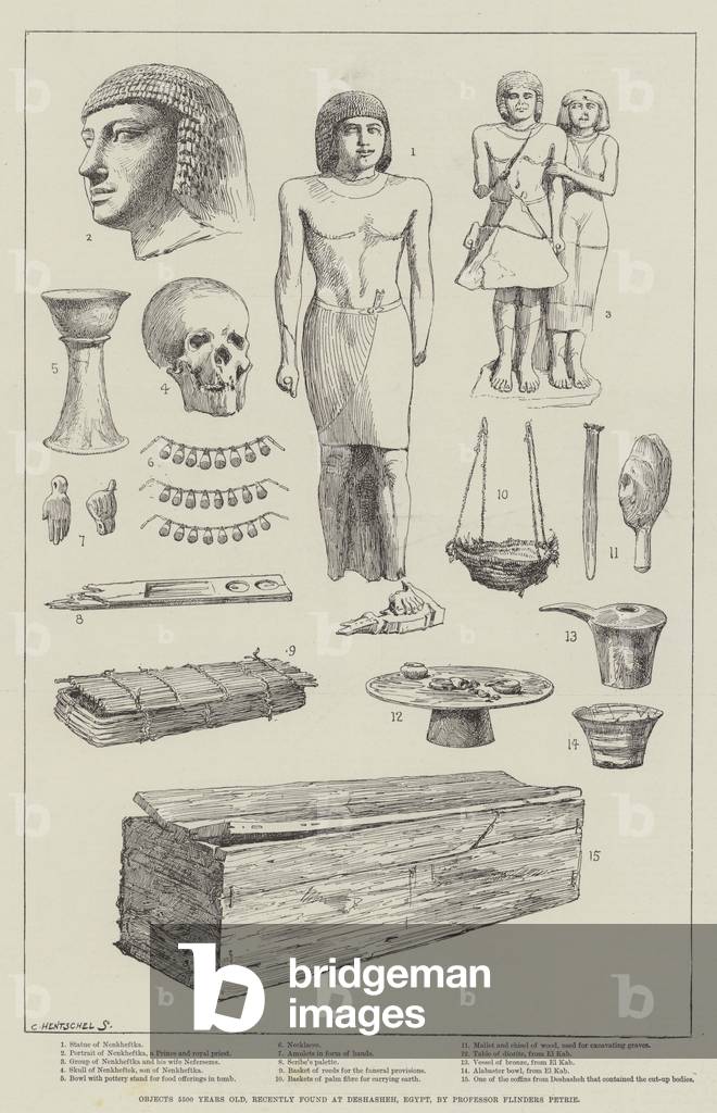 Objects 5500 Years Old, recently found at Deshasheh, Egypt, by Professor Flinders Petrie (engraving)