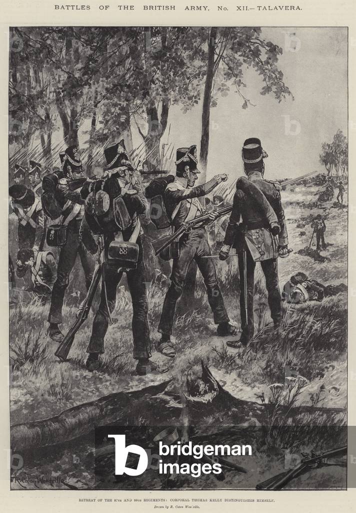 Battles of the British Army, Talavera, Retreat of the 87th and 88th Regiments, Corporal Thomas Kelly distinguishes himself (litho)