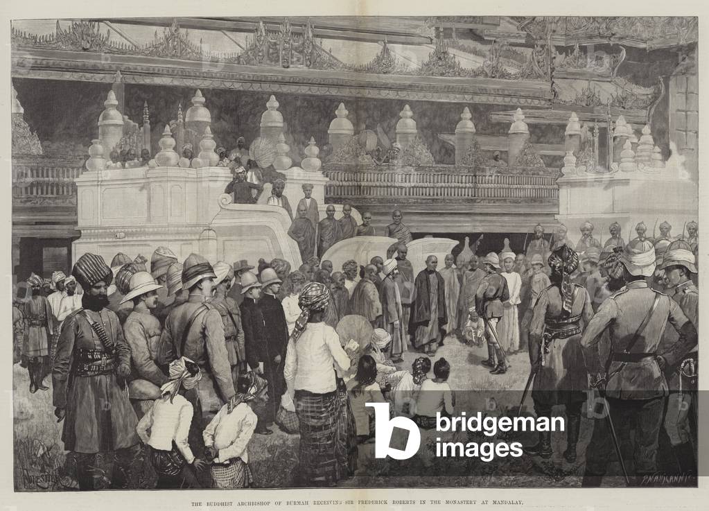 The Buddhist Archbishop of Burmah receiving Sir Frederick Roberts in the Monastery at Mandalay (engraving)