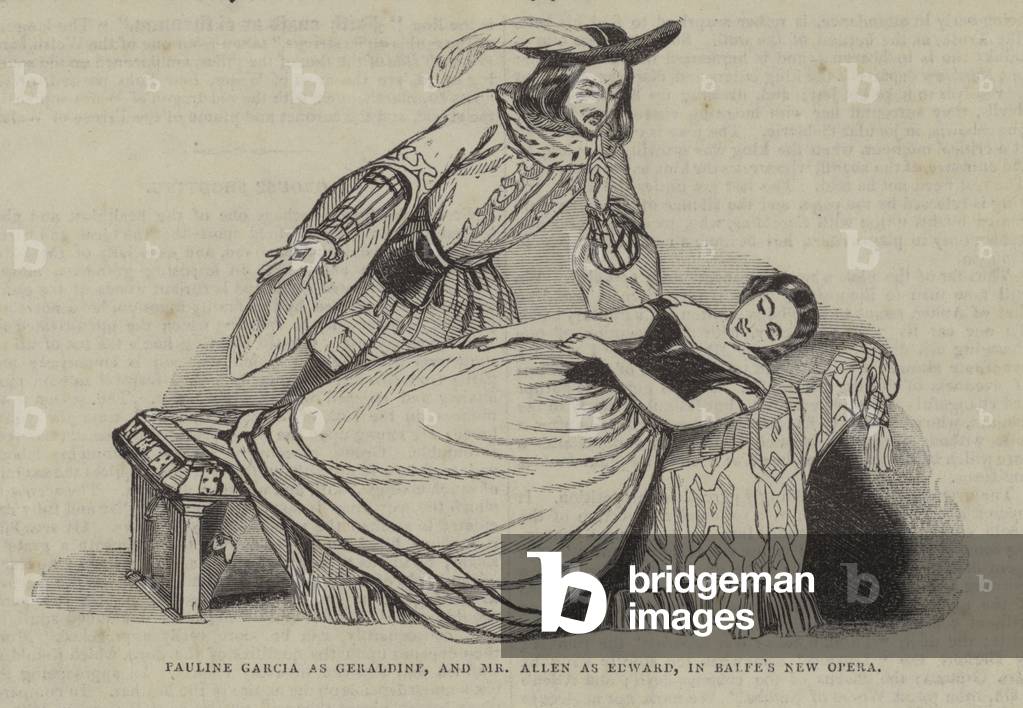 Pauline Garcia as Geraldine, and Mr Allen as Edward, in Balfes new opera, Puits DAmour (engraving)