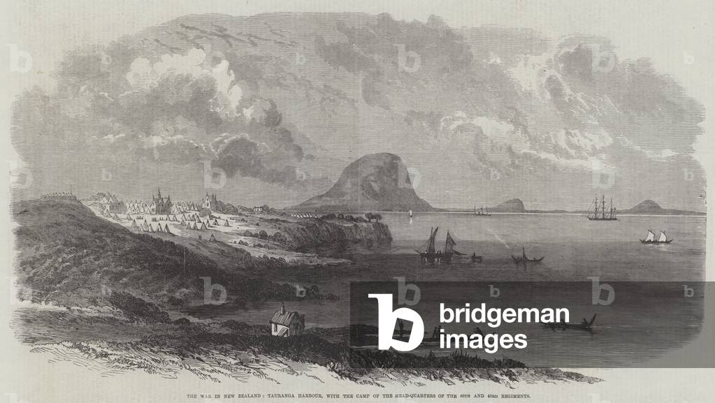 The War in New Zealand, Tauranga Harbour, with the Camp of the Head-Quarters of the 68th and 43rd Regiments (engraving)
