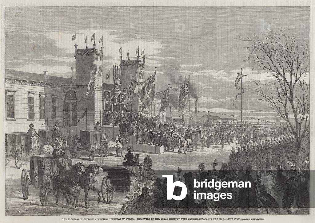 The Progress of Princess Alexandra (Princess of Wales), Departure of Her Royal Highness from Copenhagen, Scene at the Railway Station (engraving)