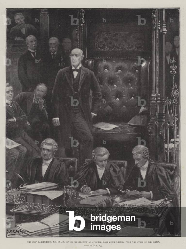 The New Parliament, Mr Gully, on his Re-Election as Speaker, returning Thanks from the Steps of the Chair (engraving)