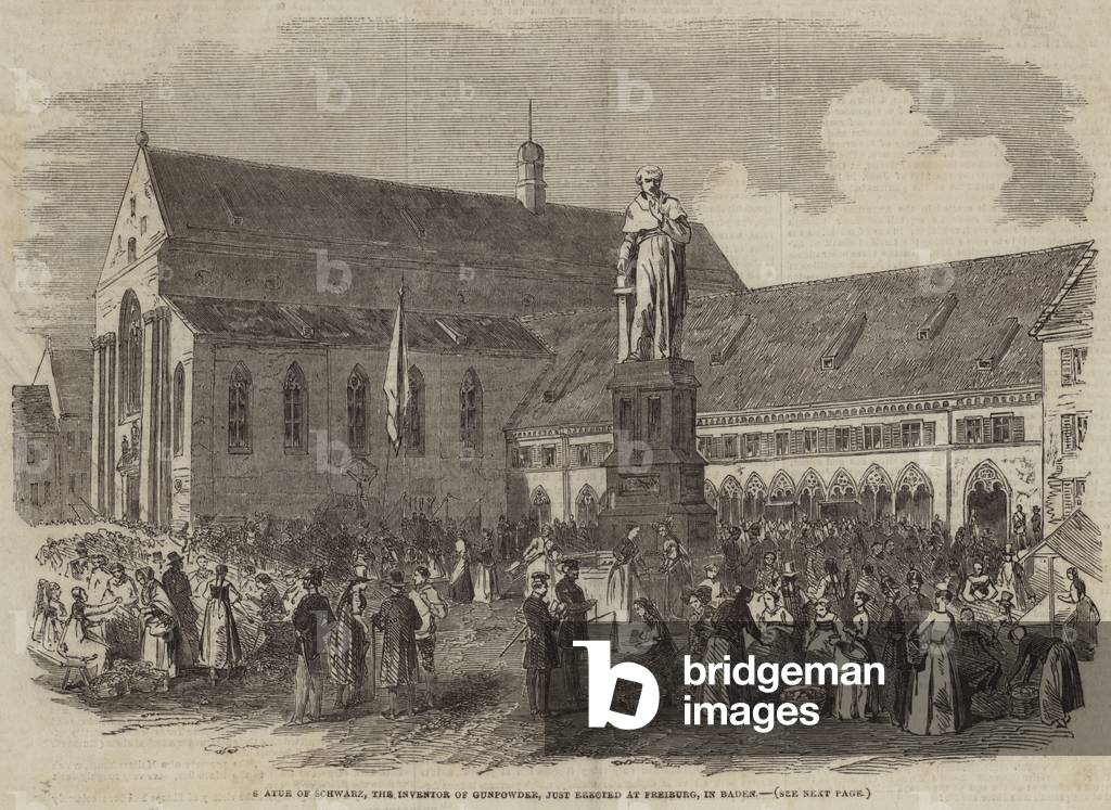 Statue of Schwarz, the Inventor of Gunpowder, just erected at Freiburg, in Baden (engraving)
