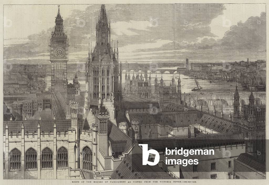 Roofs of the Houses of Parliament as viewed from the Victoria Tower (engraving)