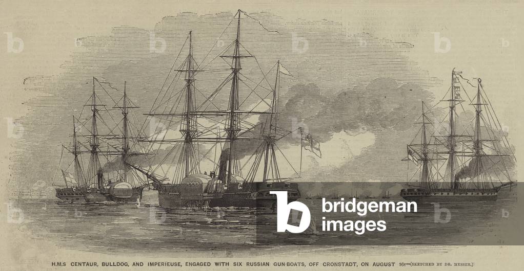 HMS Centaur, Bulldog, and Imperieuse, engaged with Six Russian Gun-Boats, off Cronstadt, on 16 August (engraving)