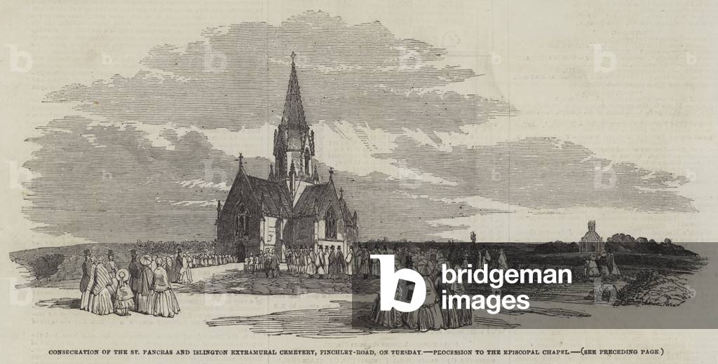 Consecration of the St Pancras and Islington Extramural Cemetery, Finchley-Road, on Tuesday, Procession to the Episcopal Chapel (engraving)