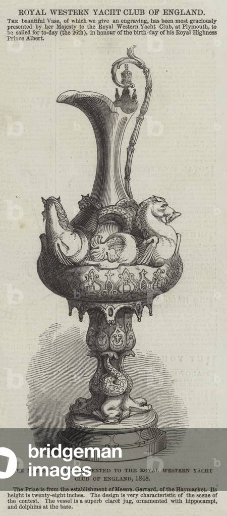Her Majesty's Cup, presented to the Royal Western Yacht Club of England, 1848 (engraving)
