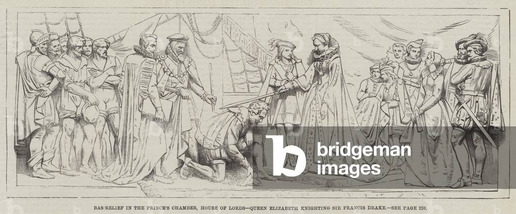 Bas-Relief in the Prince's Chamber, House of Lords, Queen Elizabeth knighting Sir Francis Drake (engraving)