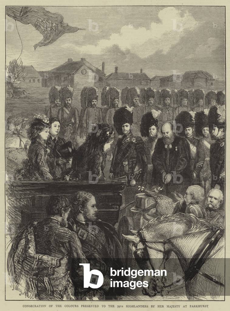 Consecration of the Colours presented to the 79th Highlanders by Her Majesty at Parkhurst (engraving)