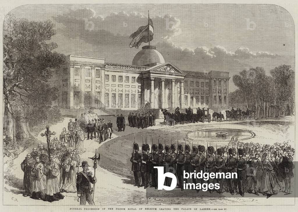 Funeral Procession of the Prince Royal of Belgium leaving the Palace of Laeken (engraving)