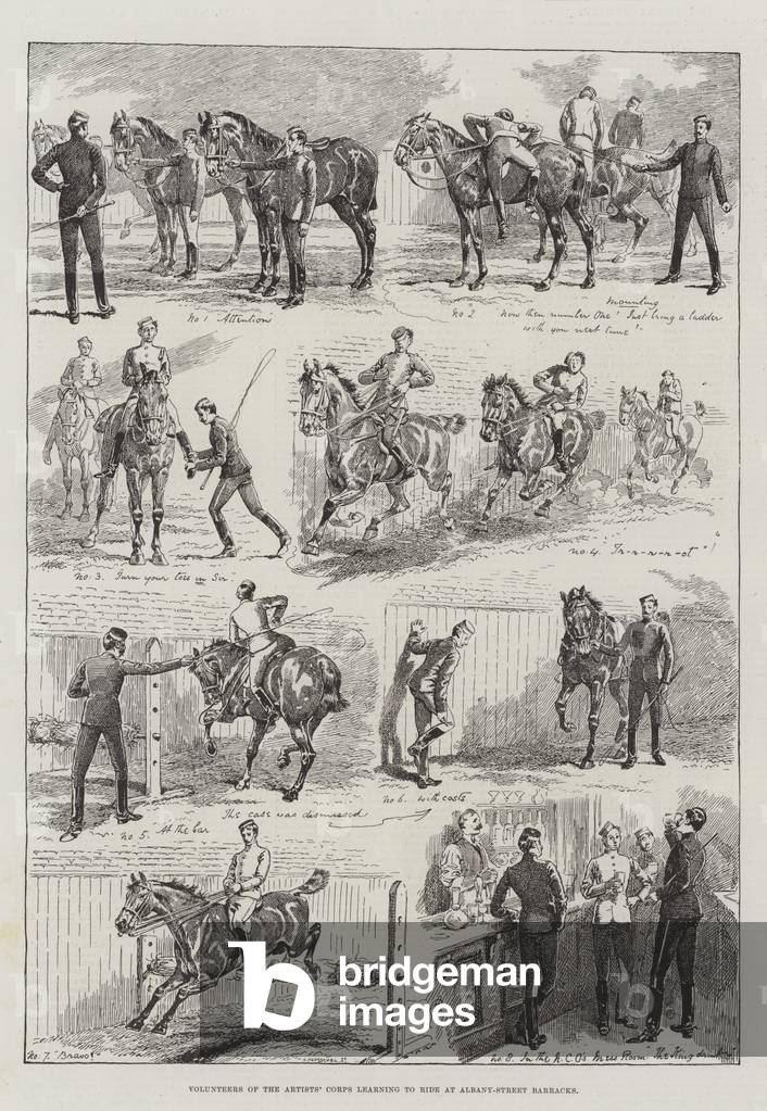 Volunteers of the Artists' Corps learning to ride at Albany-Street Barracks (engraving)
