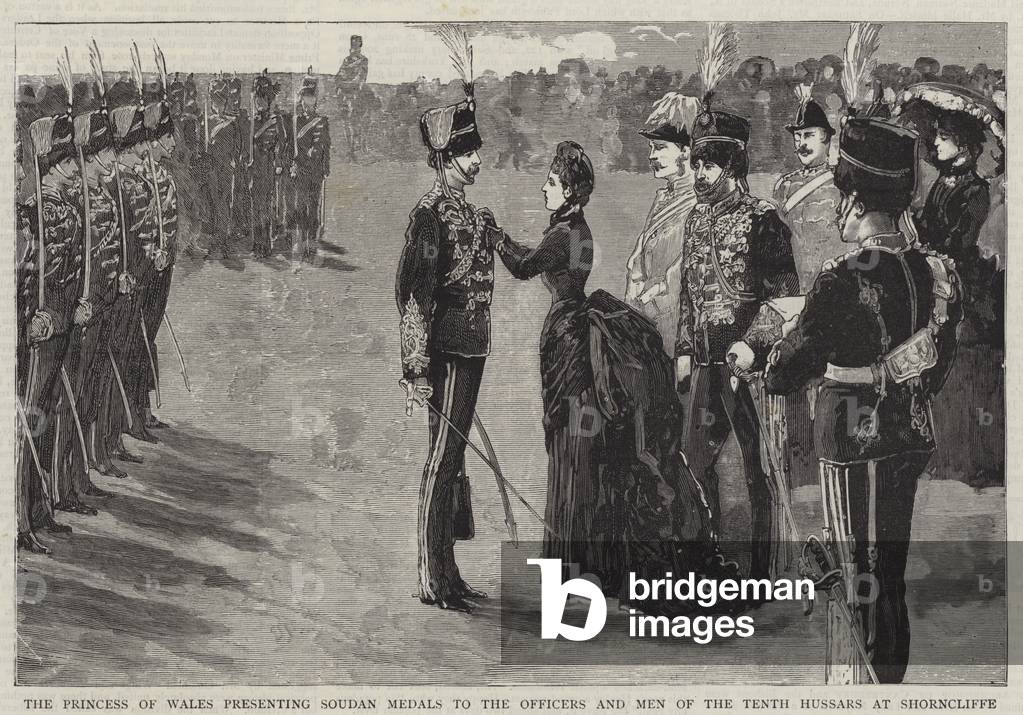 The Princess of Wales presenting Soudan Medals to the Officers and Men of the Tenth Hussars at Shorncliffe (engraving)