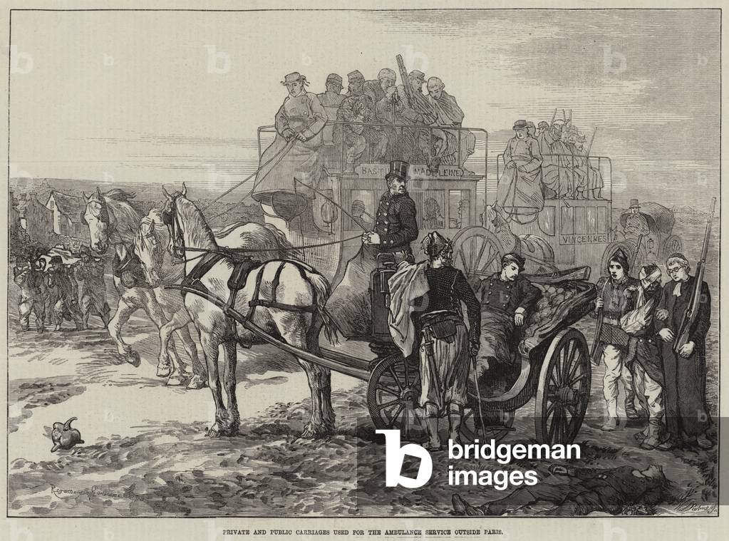 Private and Public Carriages used for the Ambulance Service outside Paris (engraving)