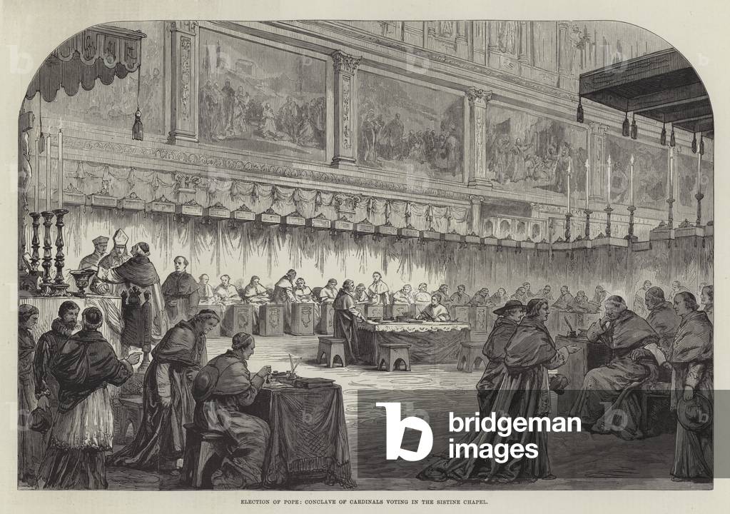 Election of Pope, Conclave of Cardinals voting in the Sistine Chapel (engraving)