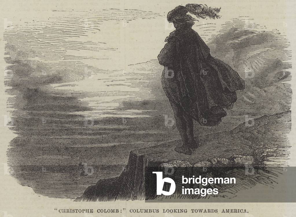 Christopher Columbus looking towards America (engraving)