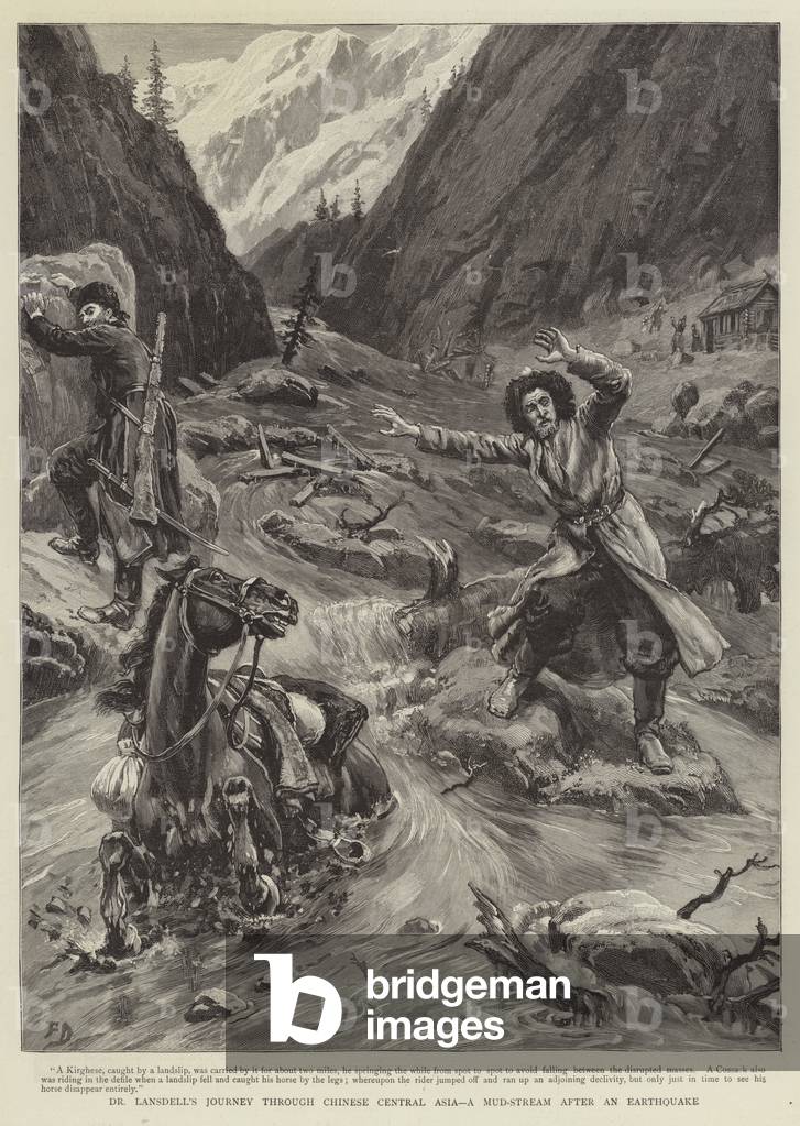 Dr Lansdell's Journey through Chinese Central Asia, a Mud-Stream an Earthquake (engraving)