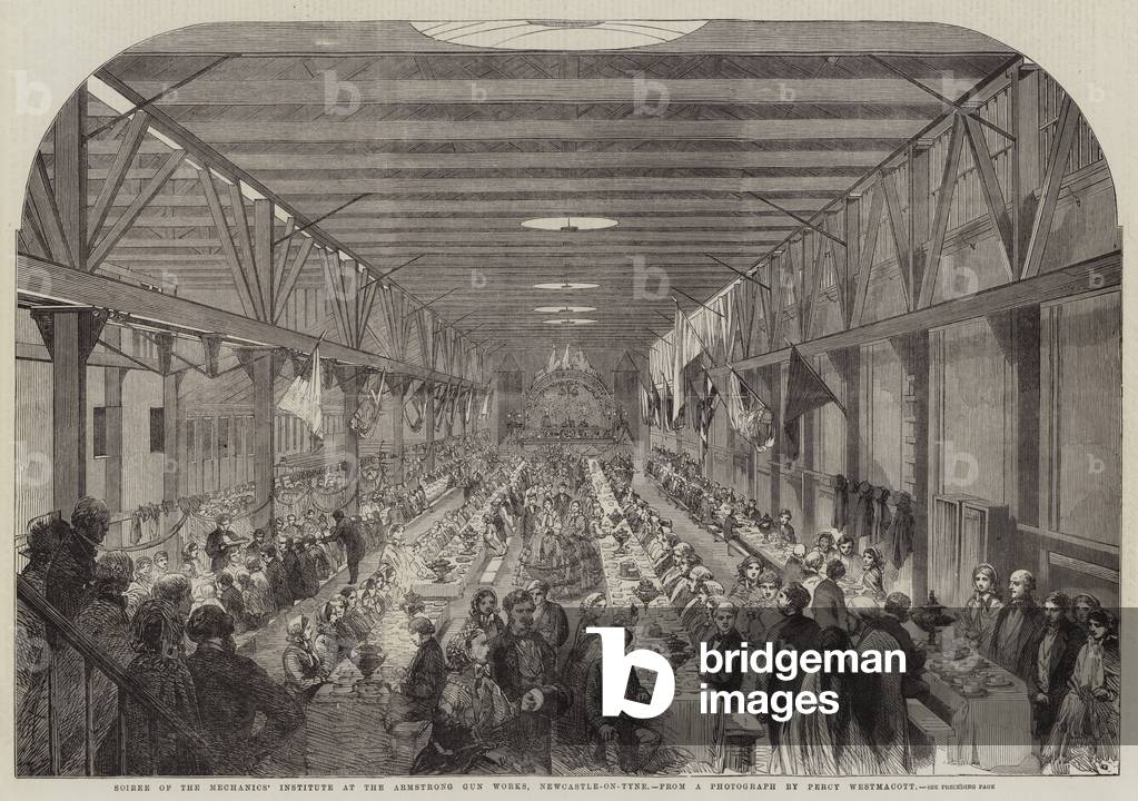 Soiree of the Mechanics' Institute at the Armstrong Gun Works, Newcastle-on-Tyne (engraving)