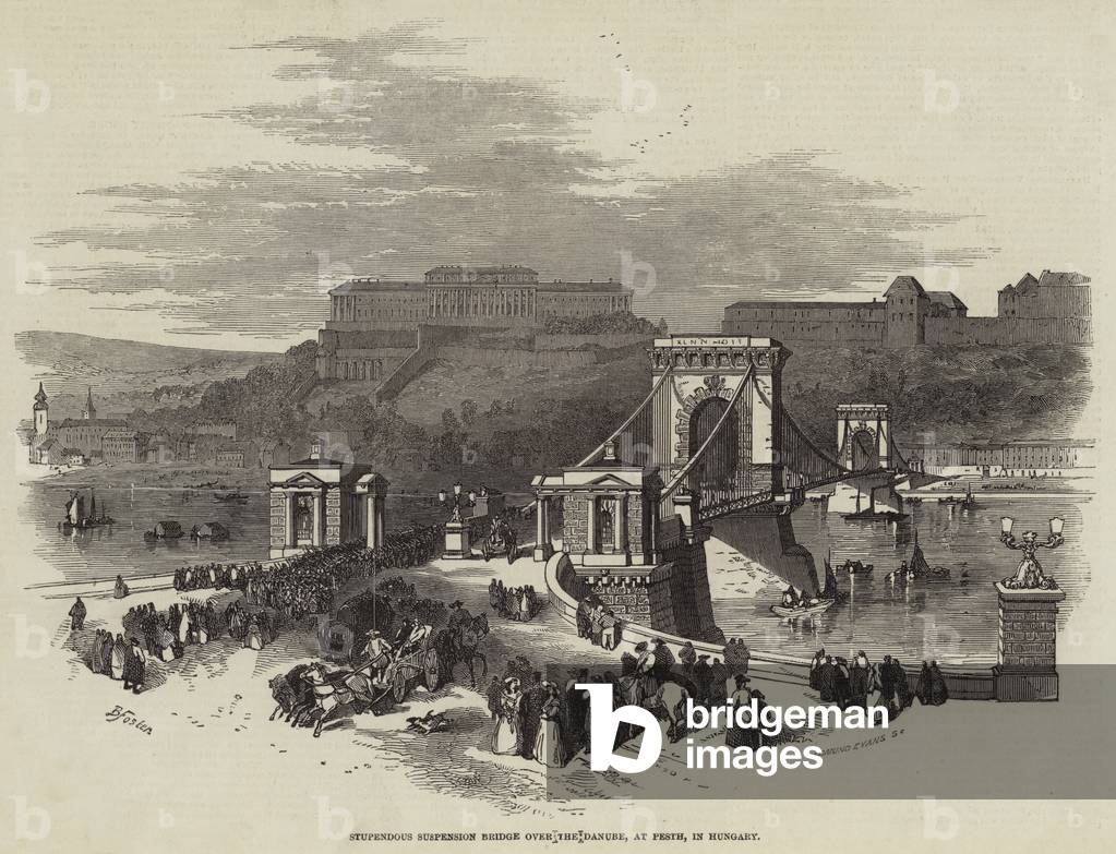 Stupendous Suspension Bridge over the Danube, at Pesth, in Hungary (engraving)
