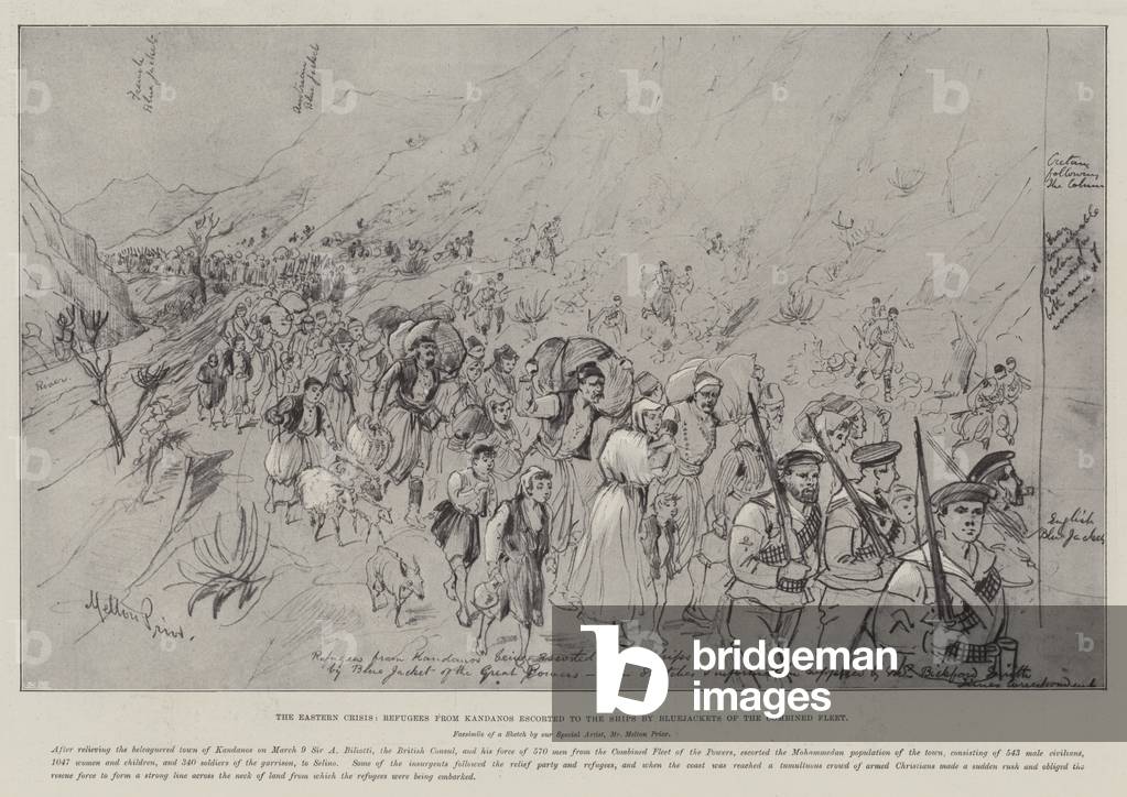 The Eastern Crisis, Refugees from Kandanos escorted to the Ships by Bluejackets of the Combined Fleet (litho)