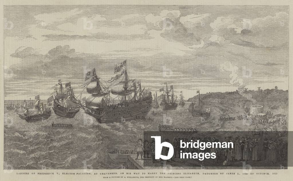Landing of Frederick V, Elector Palatine, at Gravesend, on his Way to Marry the Princess Elizabeth, Daughter of James I, 17 October 1612 (engraving)