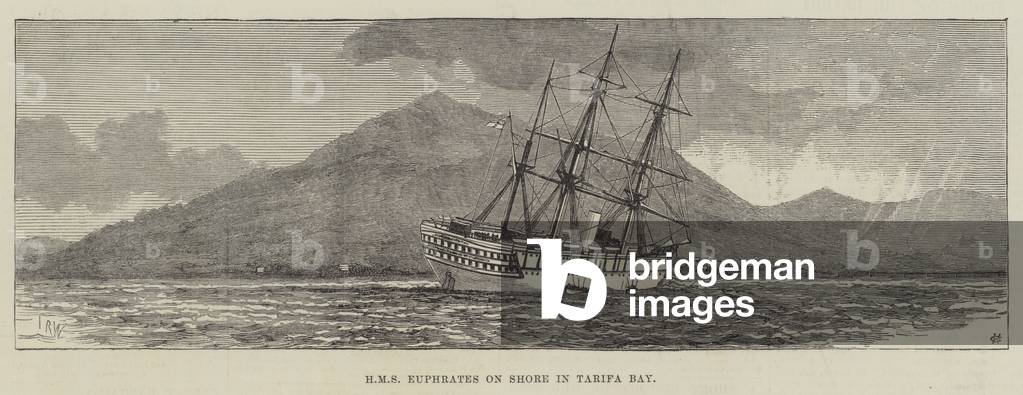 HMS Euphrates on Shore in Tarifa Bay (engraving)