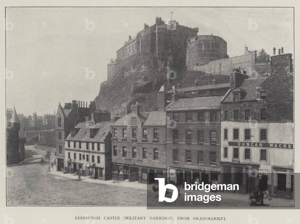 Edinburgh Castle (Military Garrison), from Grassmarket (b/w photo)