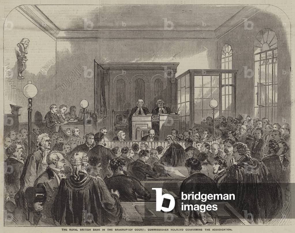 The Royal British Bank in the Bankruptcy Court, Commissioner Holroyd confirming the Adjudication (engraving)