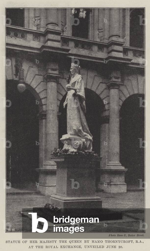 Statue of Her Majesty the Queen by Hamo Thornycroft, RA, at the Royal Exchange, unveiled 20 June (b/w photo)