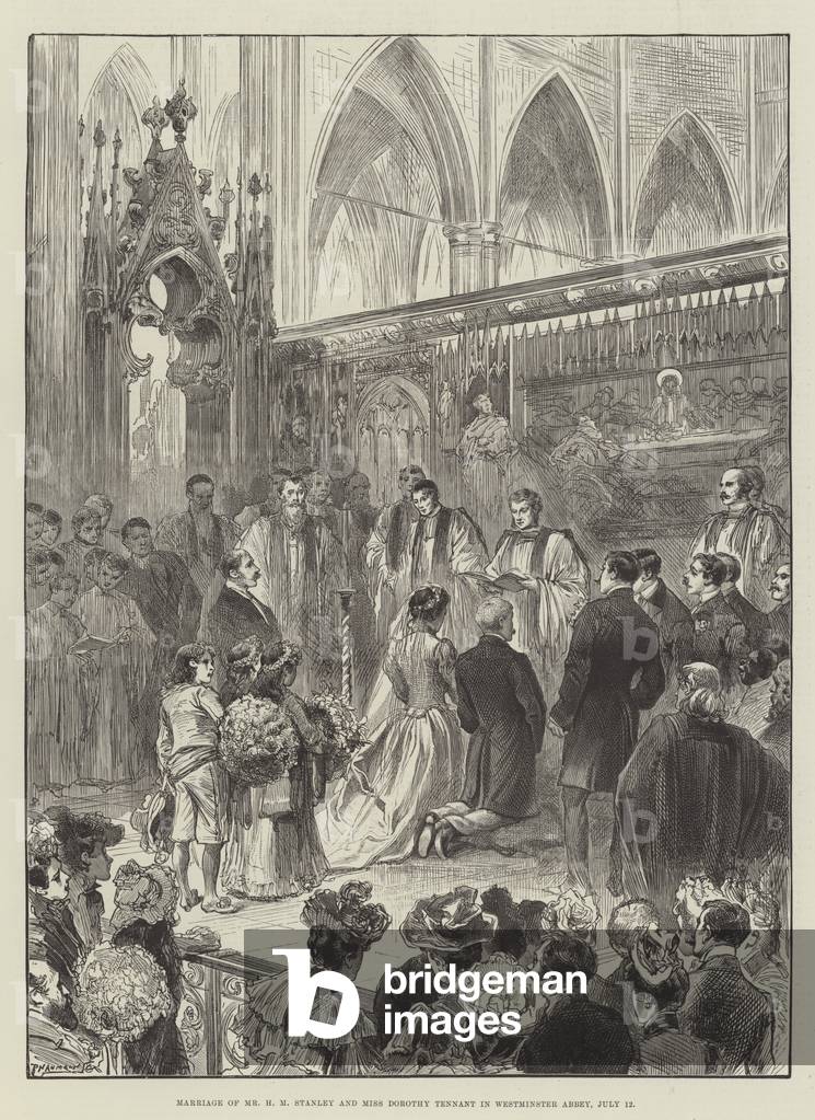 Marriage of Mr H M Stanley and Miss Dorothy Tennant in Westminster Abbey, 12 July (engraving)