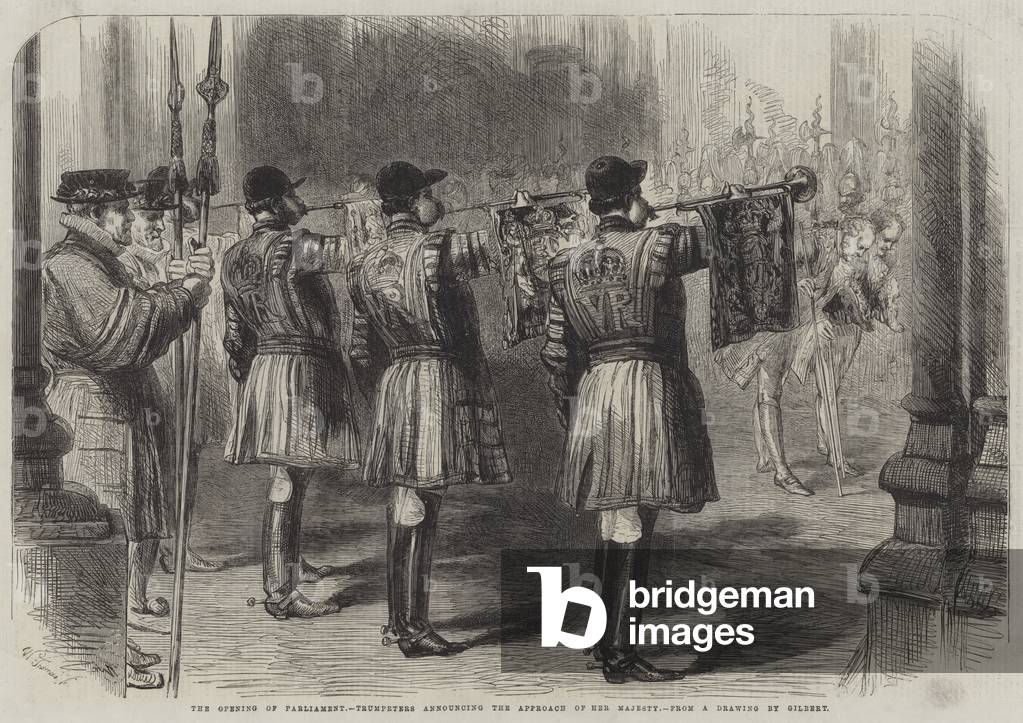 The Opening of Parliament, Trumpeters announcing the Approach of Her Majesty (engraving)