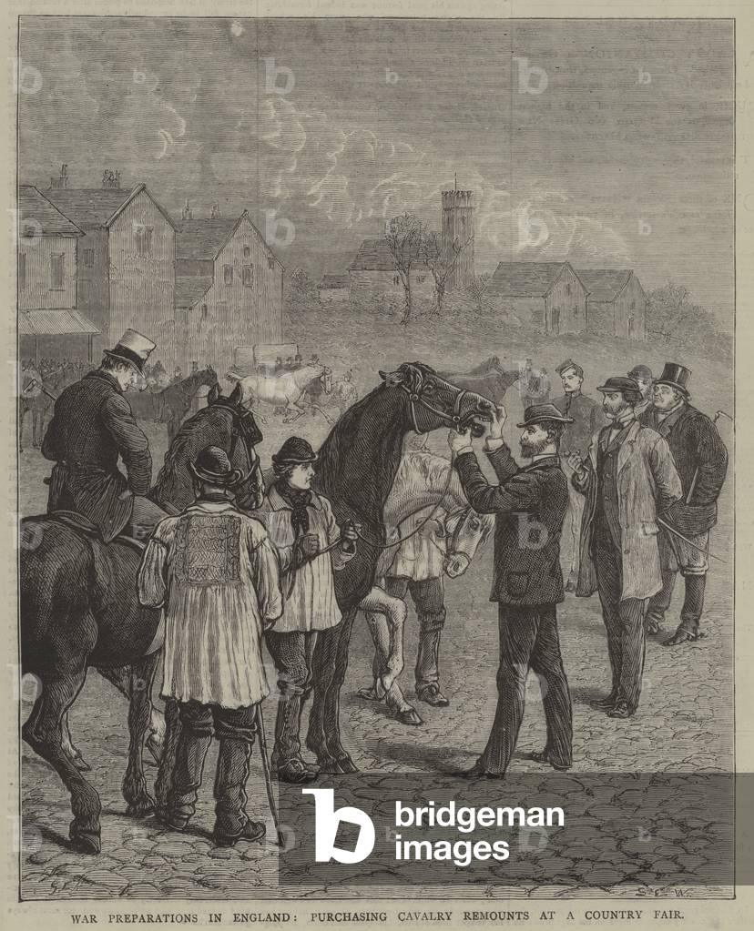 War Preparations in England, Purchasing Cavalry Remounts at a Country Fair (engraving)