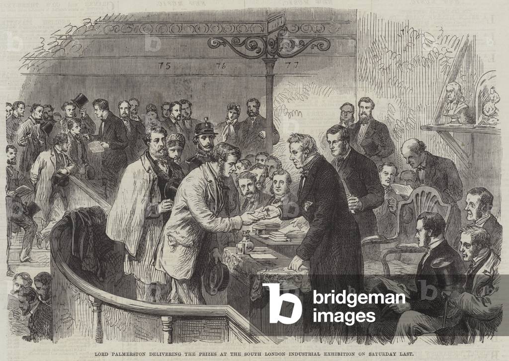 Lord Palmerston delivering the Prizes at the South London Industrial Exhibition on Saturday Last (engraving)