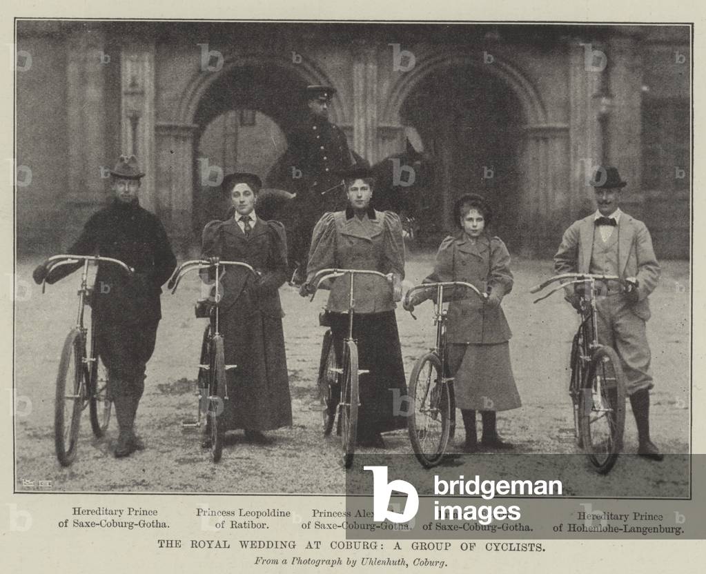 The Royal Wedding at Coburg, a Group of Cyclists (b/w photo)