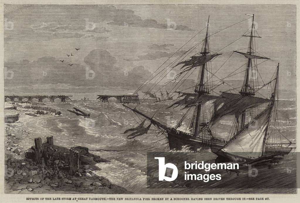 Effects of the Late Storm at Great Yarmouth, the New Britannia Pier broken by a Schooner having been driven through it (engraving)