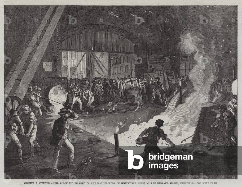 Casting a Monster Anvil Block (to be used in the Manufacture of Whitworth Guns) at the Midland Works, Sheffield (engraving)