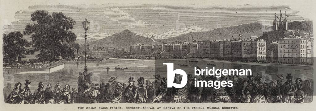 The Grand Swiss Federal Concert, Arrival at Geneva of the Various Musical Societies (engraving)