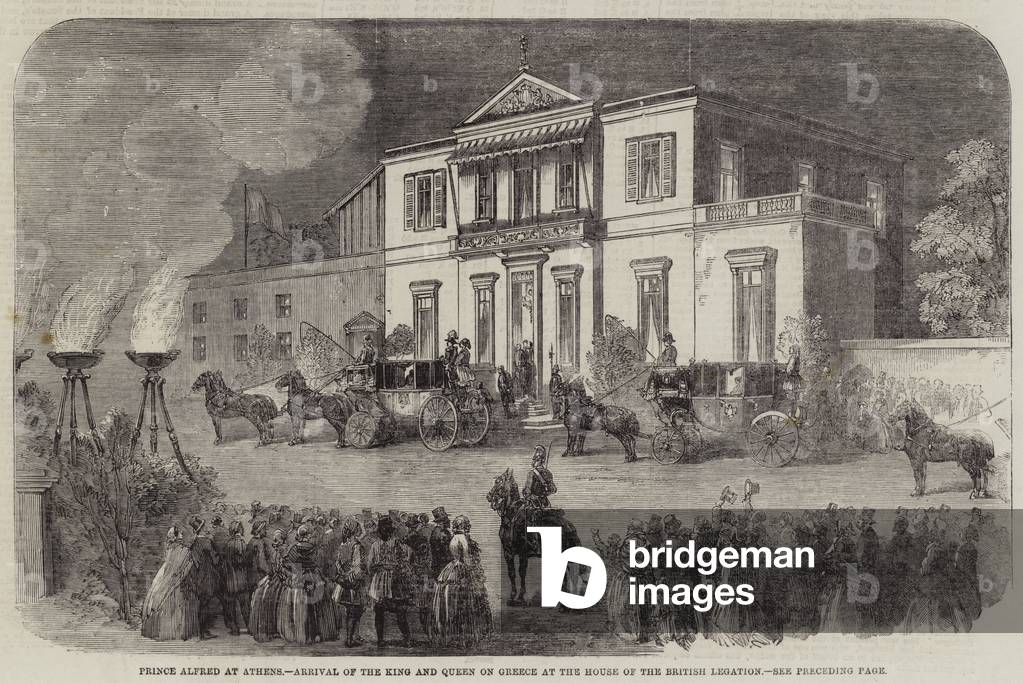 Prince Alfred at Athens, Arrival of the King and Queen of Greece at the House of the British Legation (engraving)